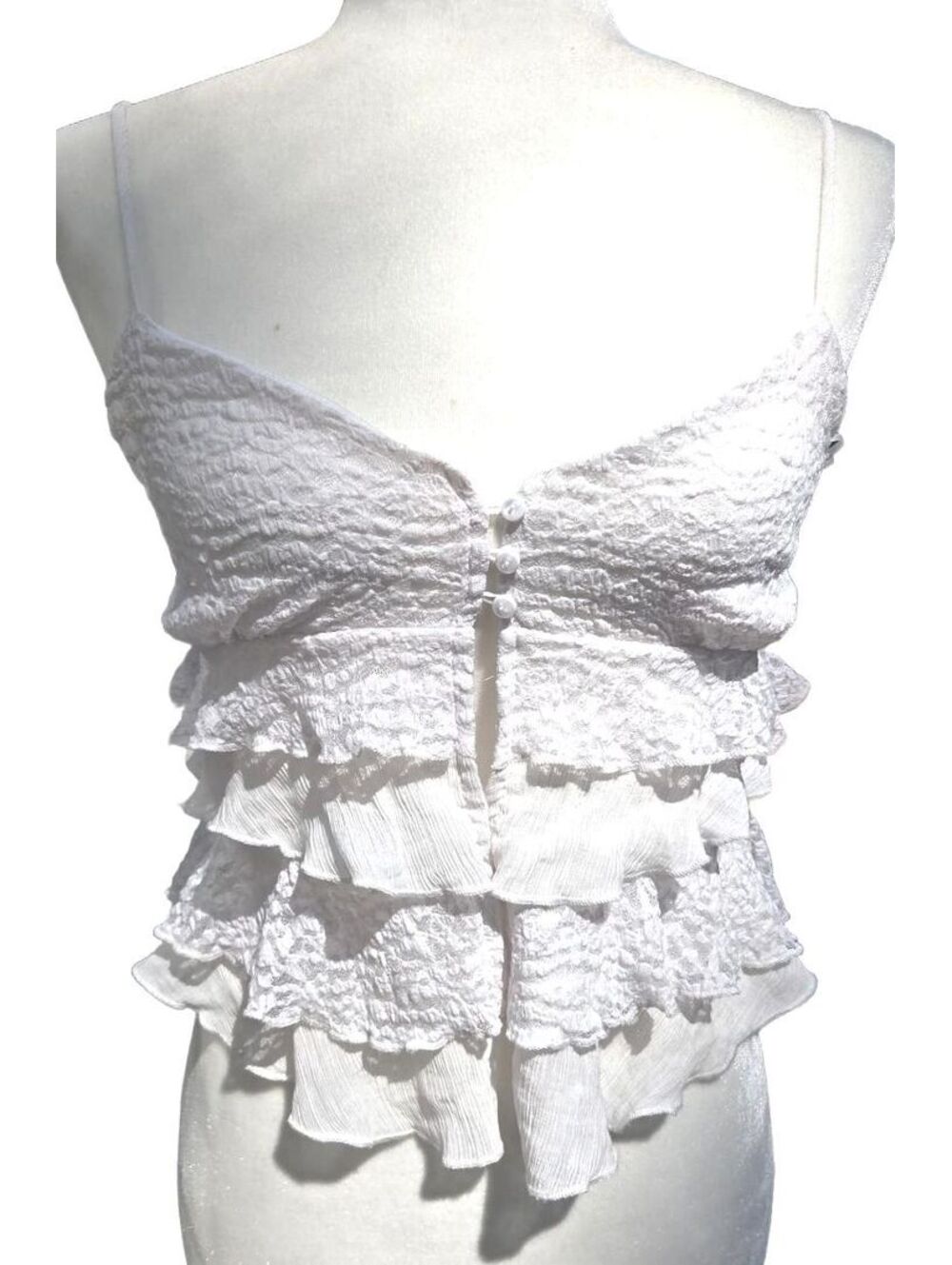 White Ruffled Tiered Crinkle Cami Crop Top Y2K Fairycore Coquette Open Front
